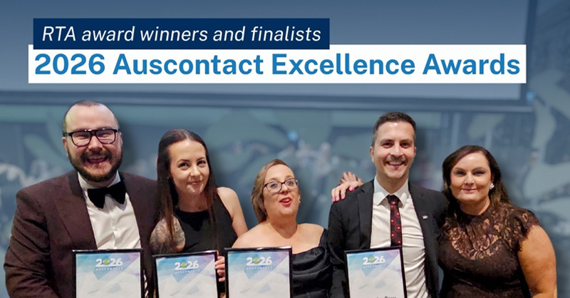 Five RTA staff stand holding their award certificates at the 2026 Auscontact State Excellence Awards.