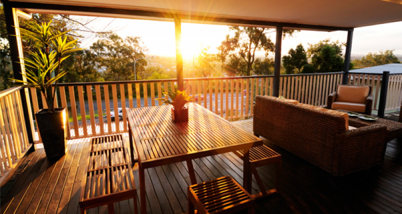 Table and chairs on a timber deck